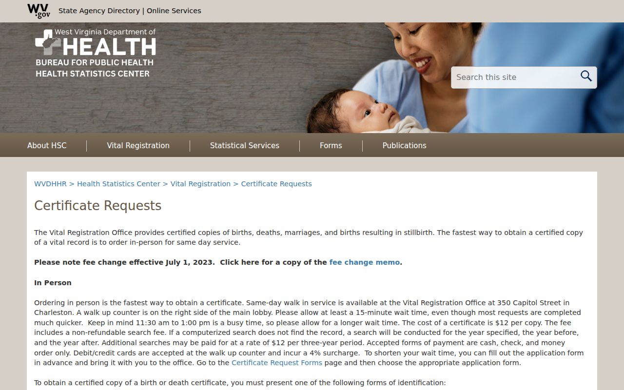 West Virginia vital registration ordering page for family-history research alongside Wayne County estate records
