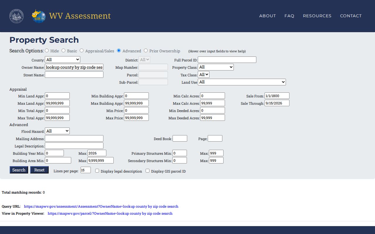 Wayne County property search field controls in the MapWV assessor form