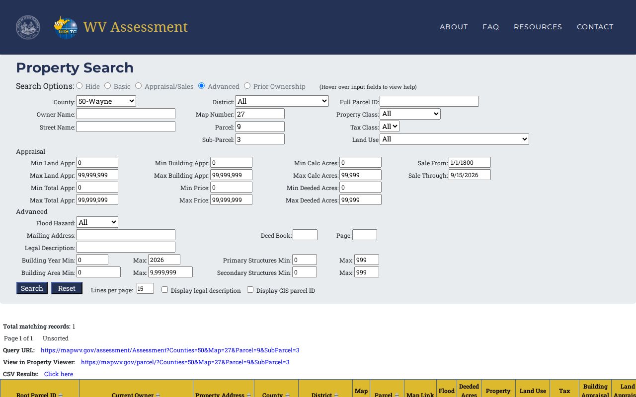 Wayne County property tax records sample assessment value fields